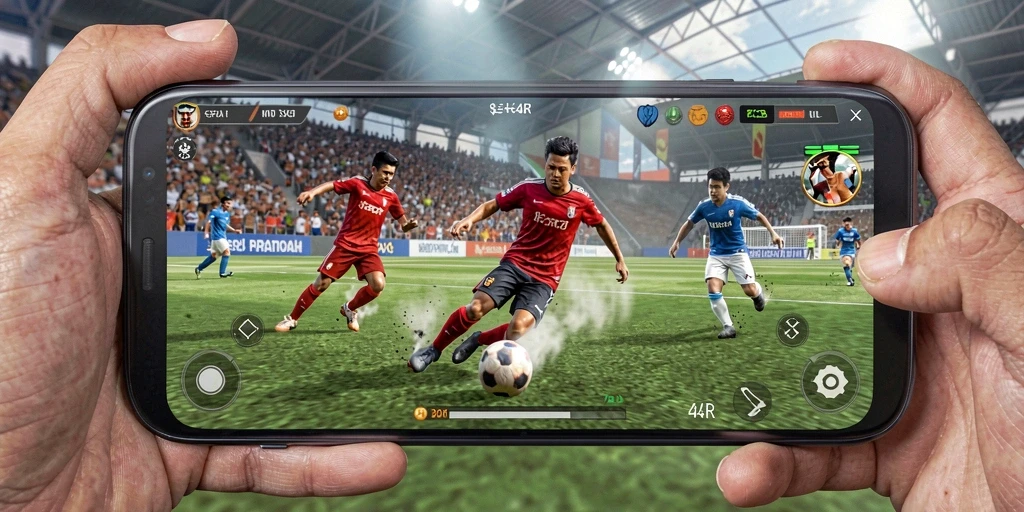 Tampilan utama gameplay 34R dengan aksi sepak bola yang mendebarkan.