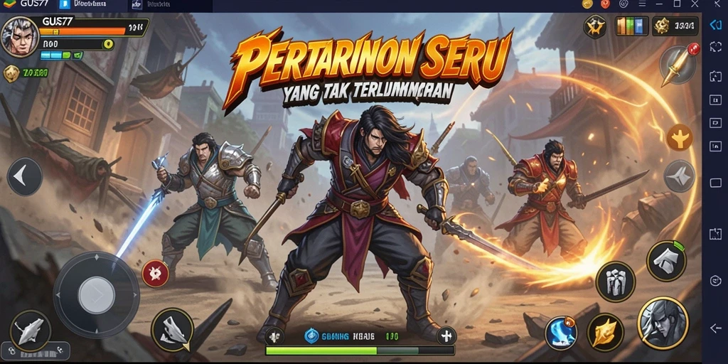 Screenshot utama GUS77 menampilkan pertarungan epik antara dua karakter yang beraksi.