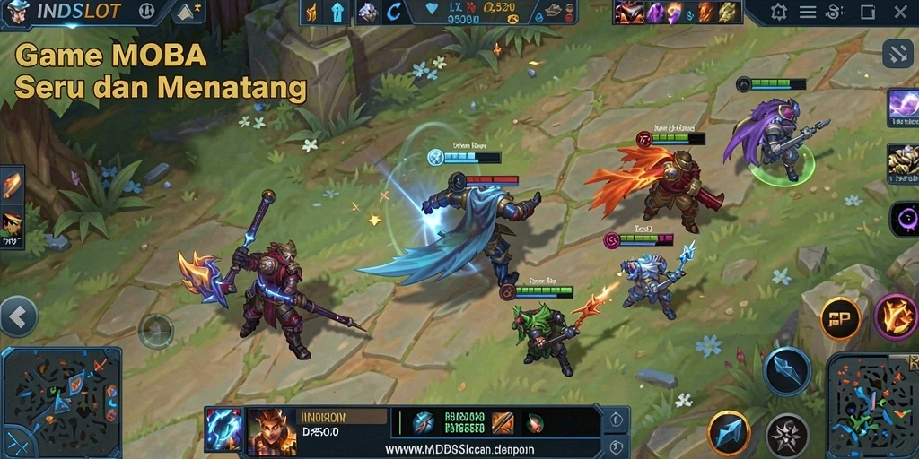 Screenshot utama INDSLOT menampilkan aksi intens dalam pertandingan MOBA.