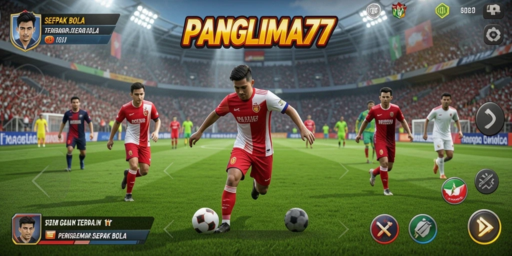 Screenshot gameplay PANGLIMA77 menampilkan aksi sepak bola yang mendebarkan.