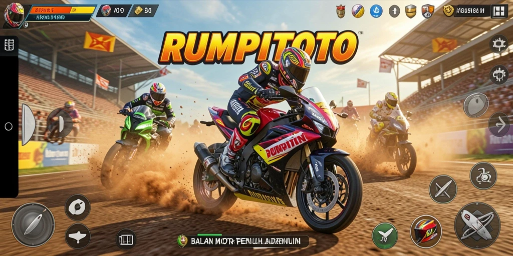 Screenshot RUMPITOTO menampilkan aksi balapan motor yang mendebarkan.