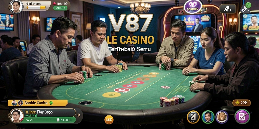 Tangkapan layar V87 menampilkan dealer profesional dalam aksi permainan Live Casino yang menarik.