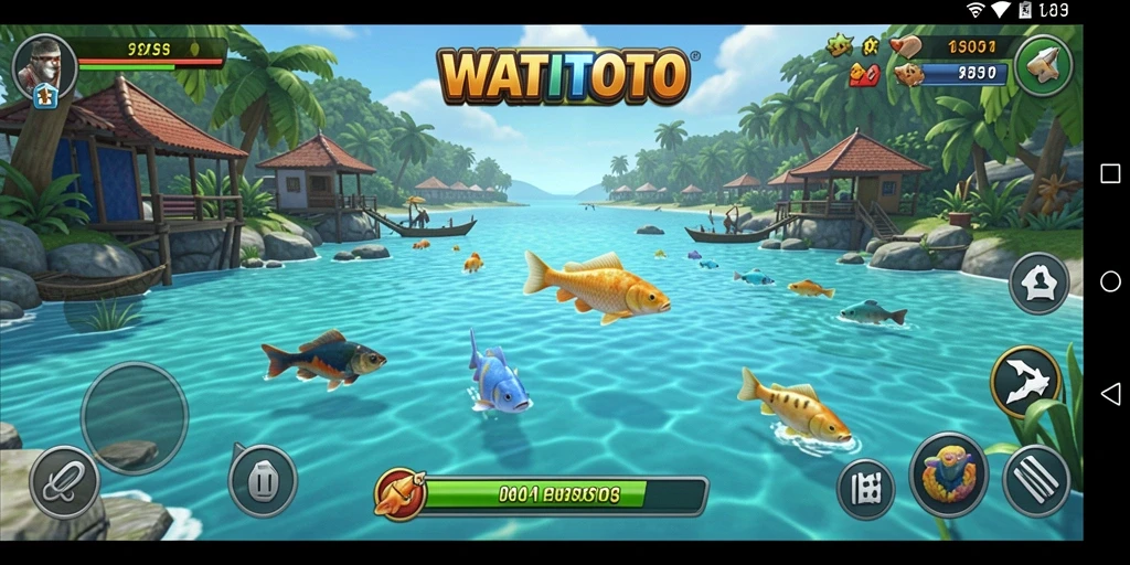 Screenshot WATITOTO menunjukkan pemain sedang memancing di danau yang indah.