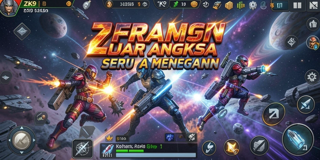 Screenshot ZK9 menampilkan aksi pertempuran luar angkasa yang mendebarkan.